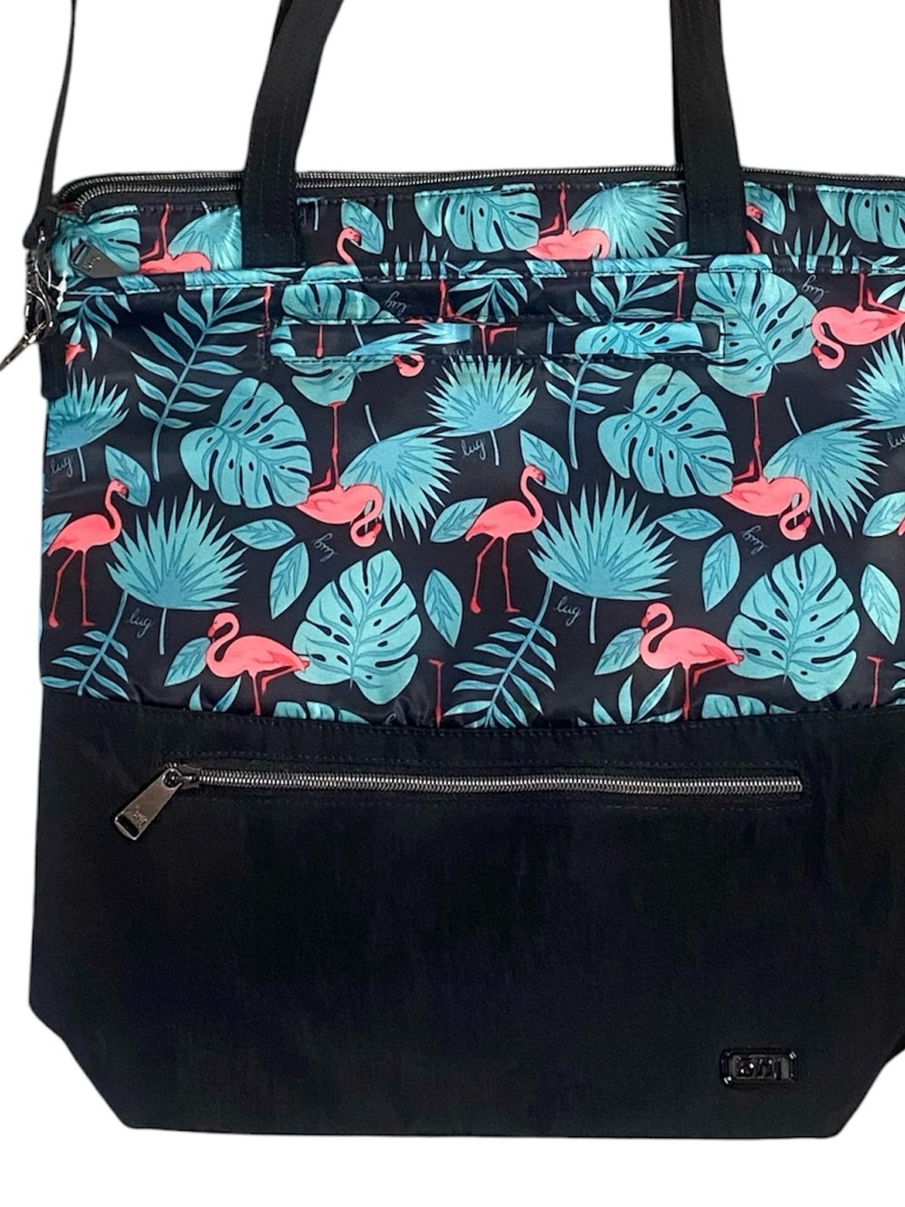 lug Whirl Flamingo Tropical Print Tote in Teal and Pink with Black Base